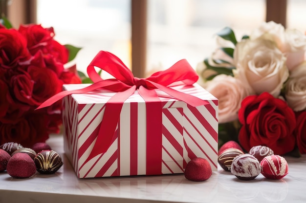 A vibrant red and white gift box tied with a festive red ribbon perfect for any special occasion Classic red and white striped Valentines Day gift box AI Generated