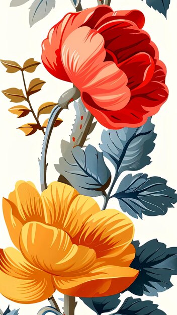 Vibrant Red And Yellow Flowers With Green Leaves On White Background