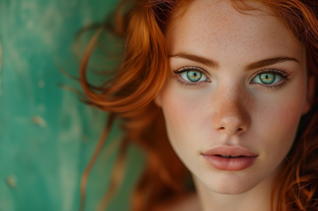 Vibrant Redhaired Woman With Captivating Eyes On Vibrant Green Backdrop