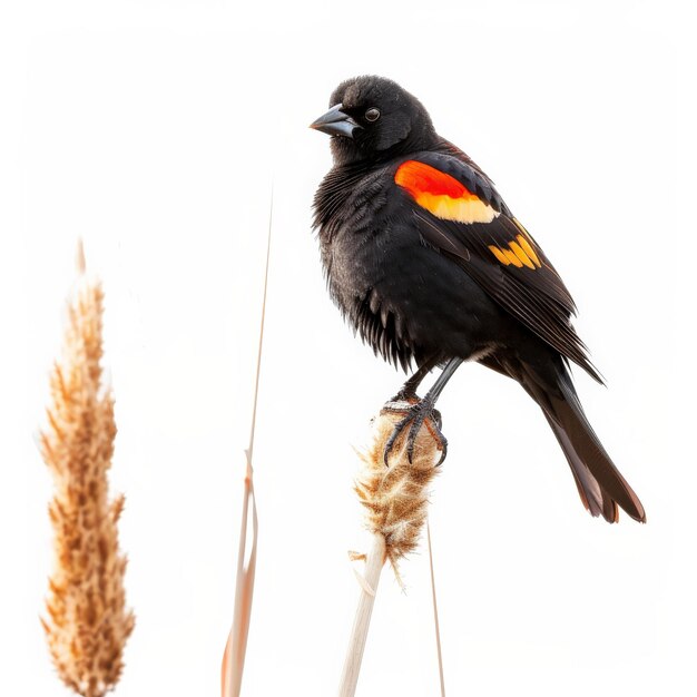 Photo a vibrant redwinged blackbird with its striking red and yellow shoulder patches perched on a