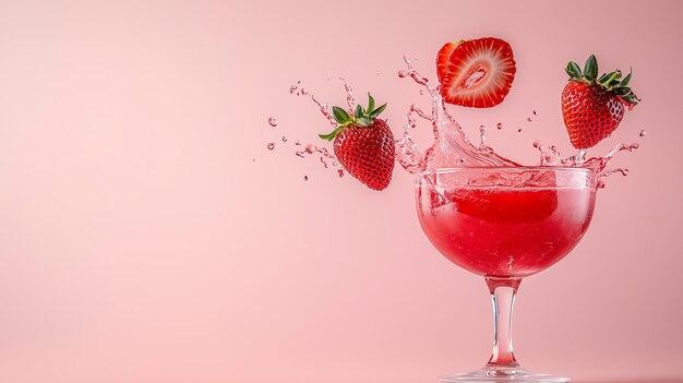 Photo a vibrant and refreshing strawberry daiquiri splashes energetically in a glass with whole