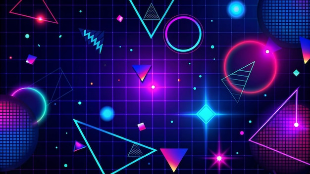 Photo vibrant retro 80s neon geometric shapes on a blue grid background