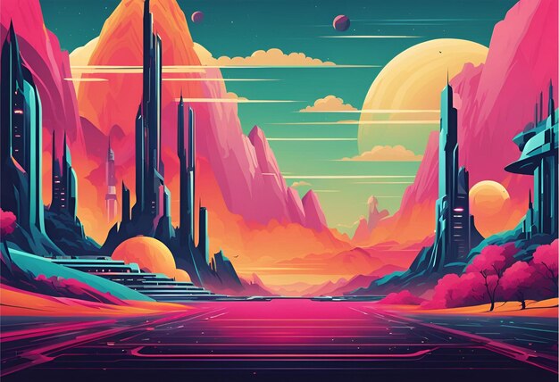 Vibrant Retro Futuristic Landscape Background Neon Dreams amp 80s Aesthetic