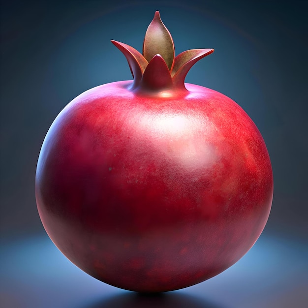 A vibrant ripe pomegranate with a glossy red skin and a detailed green crown