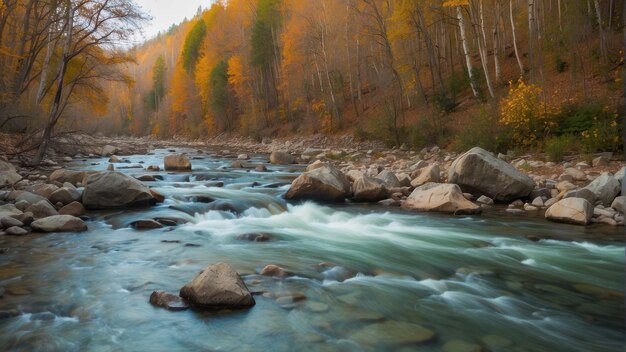 Vibrant river amidst autumnal forest