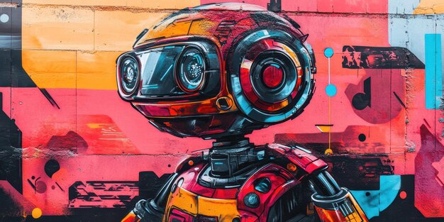 A vibrant robot mural featuring artistic details and bold colors showcasing modern street art culture and creativity