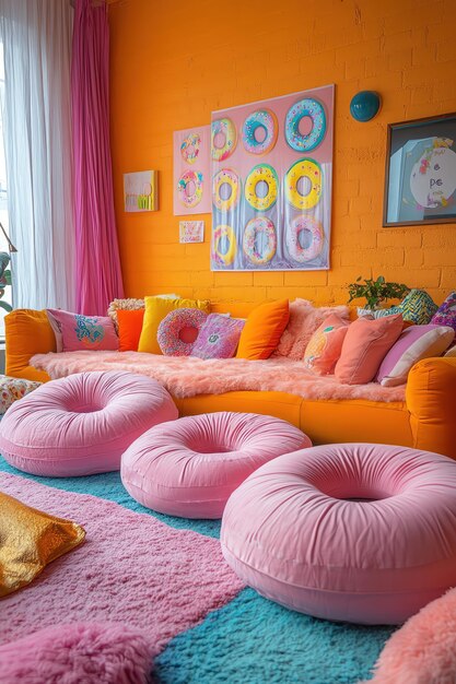 Photo vibrant room filled with donutshaped pillows bright colors and playful decor