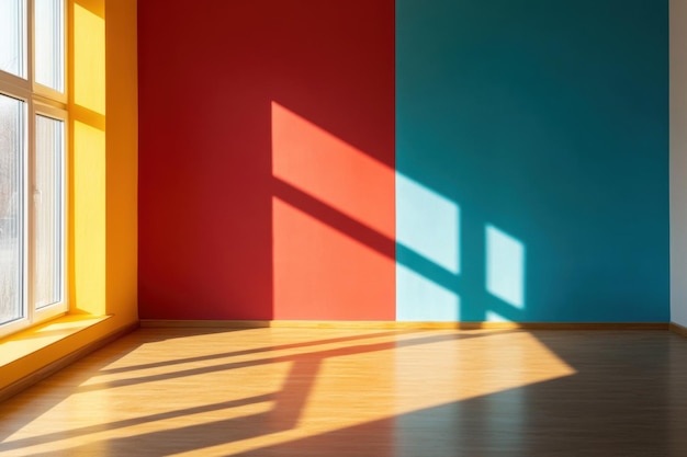 Photo a vibrant room showcases a bright yellow wall contrasting with bold red and cool blue walls