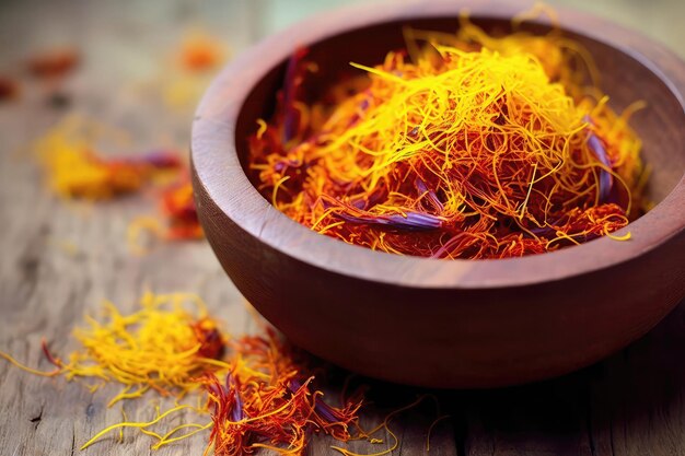 Vibrant Saffron Threads In Rustic Wooden Bowl Generative AI