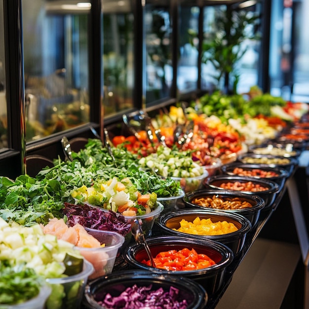 A vibrant salad bar with an array of fresh ingredients and dressings