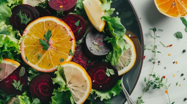 A vibrant salad bowl filled with fresh slices of citrus fruits and leafy greens exuding health and freshness