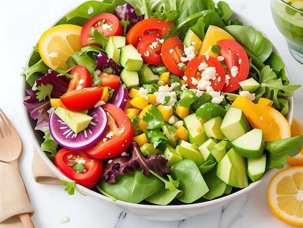 vibrant salad bowl with a mix of fresh greens veggies and a zesty dressing