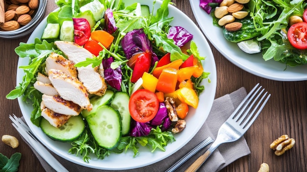 Photo a vibrant salad featuring fresh vegetables and chicken is beautifully arranged on a white plate accompanied by another plate of colorful vegetable nuts all set in a sunlit home