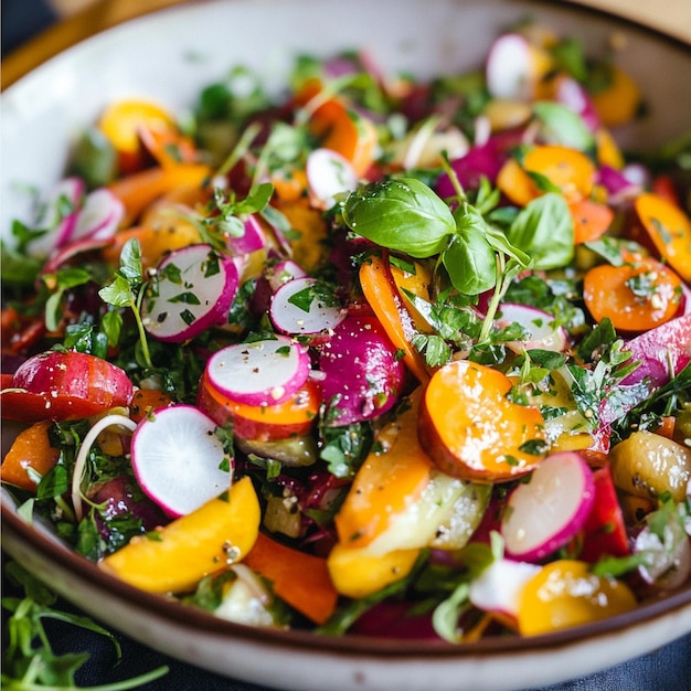 A vibrant salad made with fresh spring vegetables and herbs