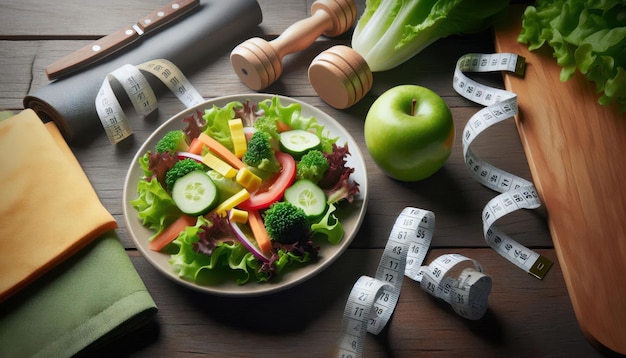 A vibrant salad on a plate is surrounded by fitness gear measuring tapes and a green apple emphasizi