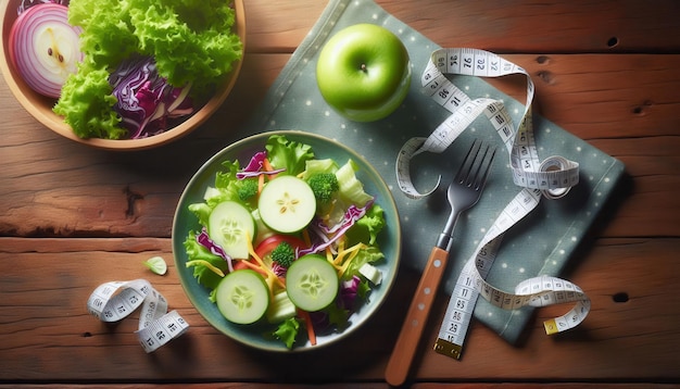 A vibrant salad rests on a wooden table beside a measuring tape an apple and a bowl of leafy greens