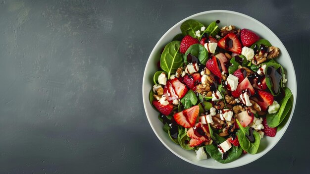 A vibrant salad with fresh strawberries walnuts spinach feta cheese and a drizzle of balsamic glaze presented in a white bowl against a gray background