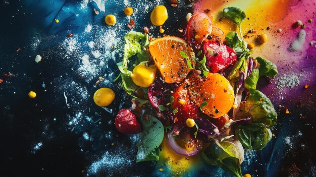 Photo vibrant salad with rainbow background