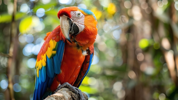 A vibrant scarlet macaw perched on a branch looking intently at the camera