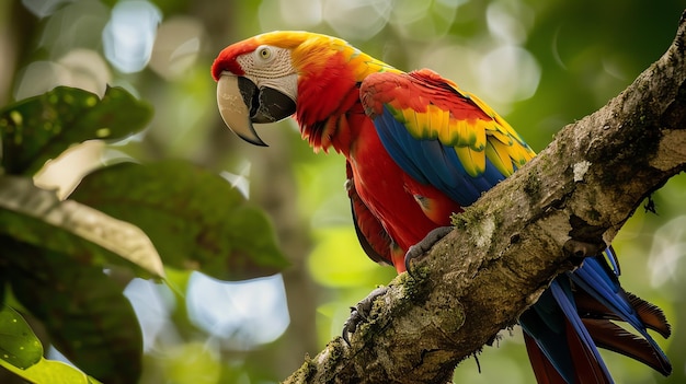 A vibrant scarlet macaw perched on a branch in a lush tropical forest