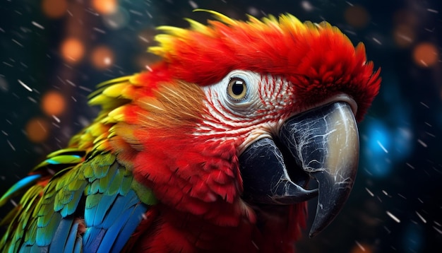 Vibrant scarlet macaw perched on branch showcasing beauty in nature generated by artificial intelligence