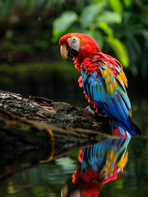 Vibrant Scarlet Macaw Reflecting in Tranquil Waters Exotic Wildlife Photography