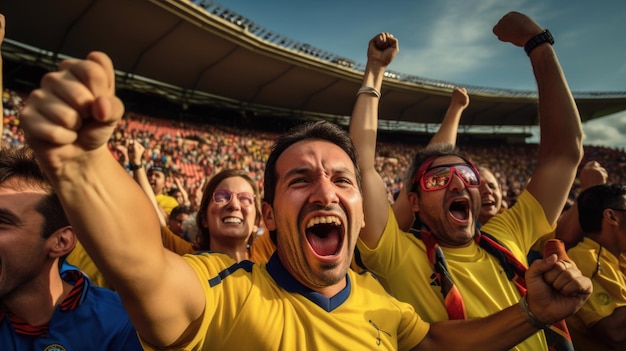 Vibrant scene colombian fans cheer and celebrate passionately in stadium stands during soccer game capturing lively spirit and enthusiasm of supporters creating electric and colorful atmosphere