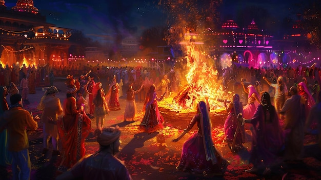 Photo a vibrant scene of holika dahan celebration with people