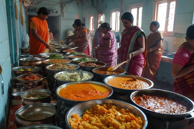 A vibrant scene showing the preparation of prasad in the temple kitchens