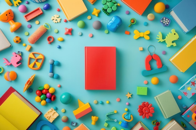 A vibrant scene with childrens books surrounded by colorful toys perfect for educational centers or bookstores Generative AI