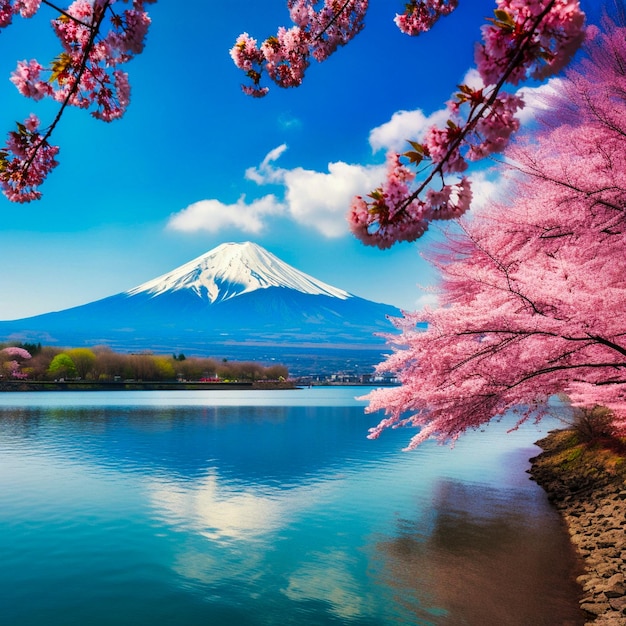 Vibrant scenery Japan Fuji mountain cherry blossom kawaguchi lake generative AI