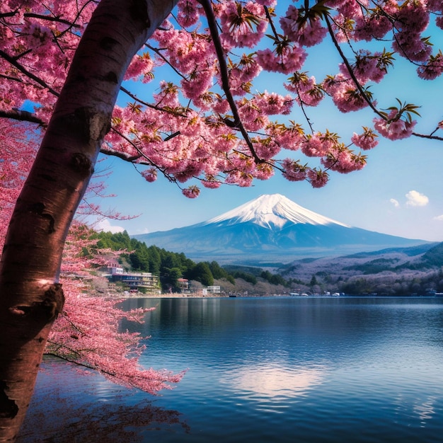 Vibrant scenery Japan Fuji mountain cherry blossom kawaguchi lake generative AI