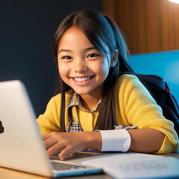 A vibrant school student studying with laptop her face lit up with a cheerful smile