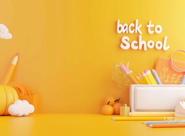 Vibrant school theme in 3D cartoon yellow background large text space