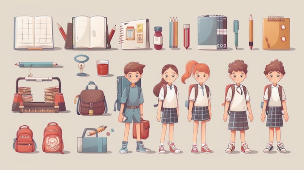 Vibrant School Theme Set with Back to School Workplace and Happy School Kids Education Concept