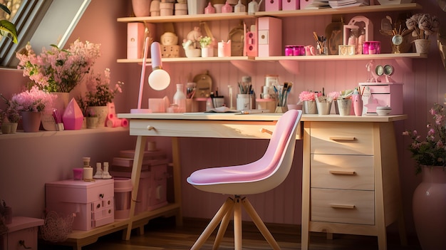 Vibrant Schoolgirl's Room with Wood Desk and Pink Chair