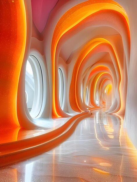 Vibrant SciFi Corridor with Curving Architectural Design