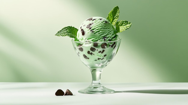 Photo a vibrant scoop of mint chocolate chip ice cream is elegantly served in a clear glass dish adorned with a few chocolate chips and a sprig of fresh mint the dish is set on a pristine white surface