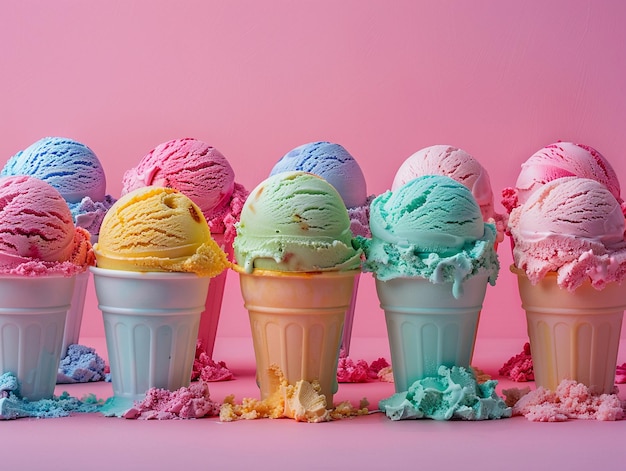 Vibrant scoops of colorful ice cream in pastel cups on pink background