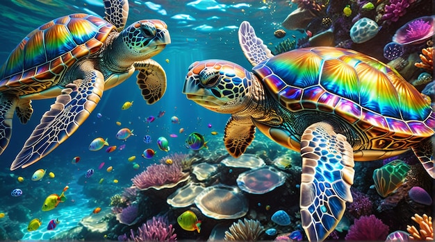 Vibrant Sea Turtle in Colorful Coral Reef