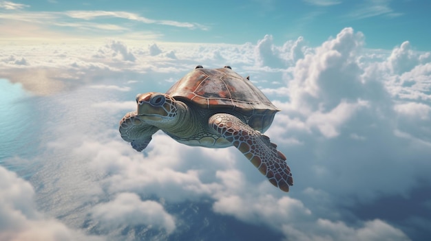 Vibrant Sea Turtle Soaring Above the Clouds A Majestic Underwater Flight