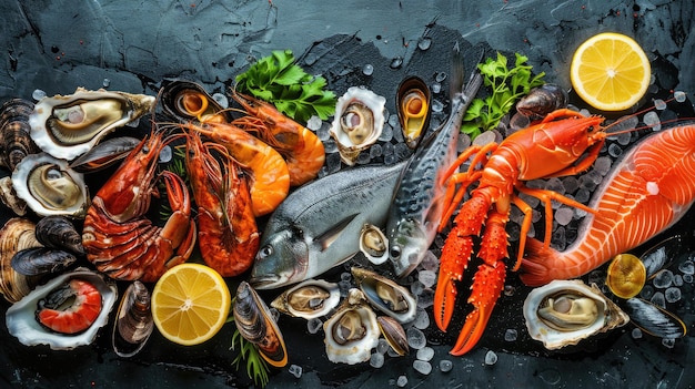 Photo vibrant seafood assortment featuring fish crustaceans oysters and mussels on black stone