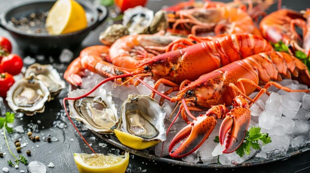 A vibrant seafood platter featuring lobster shrimp and oysters on ice showcasing the abundance and variety of coastal cuisine in the West