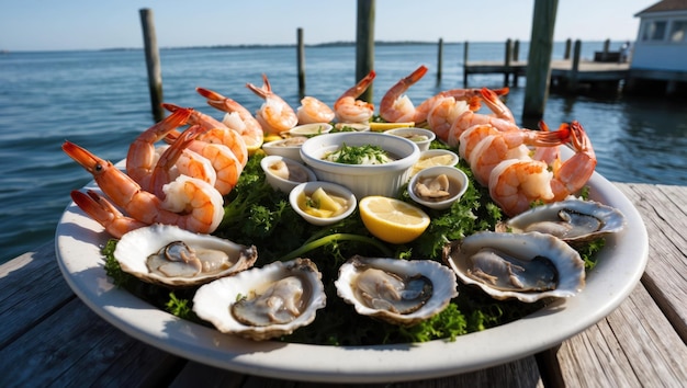 Photo a vibrant seafood platter featuring shrimp and oysters by the water