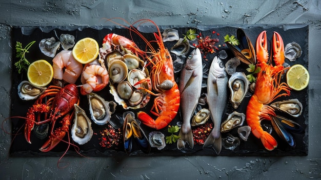 Photo vibrant seafood platter with fish crustaceans oysters and mussels elegantly displayed on black stone