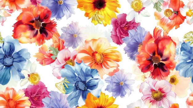 Vibrant seamless flower pattern with a mix of colorful blooms on a white background