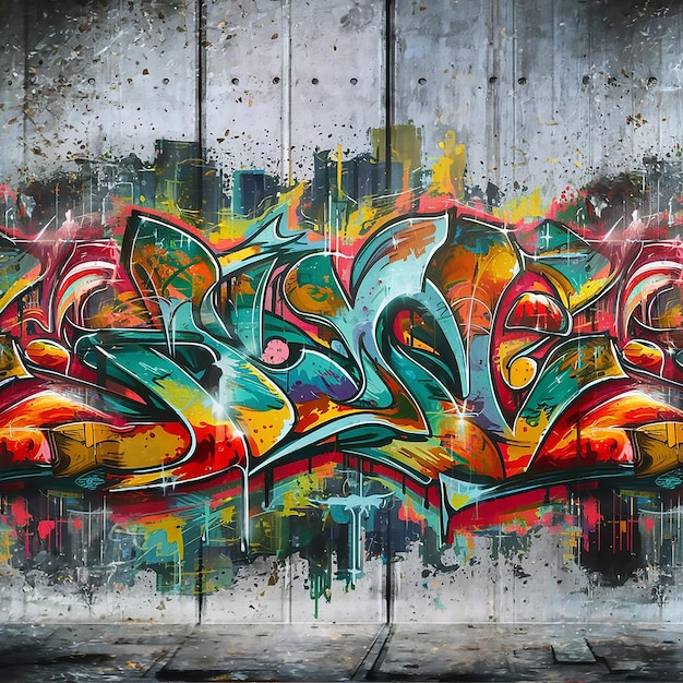 A vibrant seamless pattern of colorful graffiti art layered on a weathered concrete wall