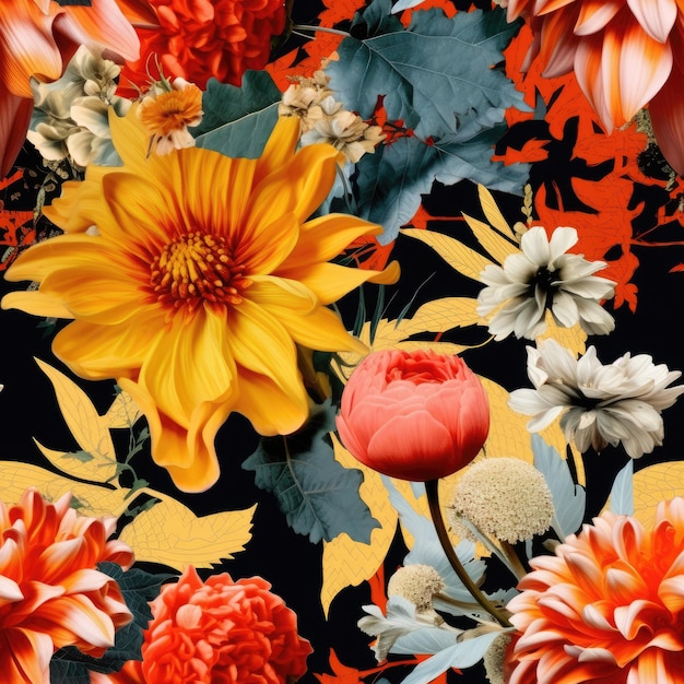 A vibrant seamless pattern of stylized flowers in full bloom