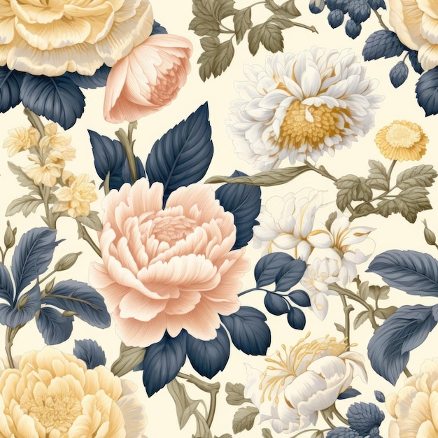 A vibrant seamless pattern of stylized flowers in full bloom