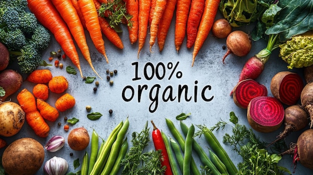 A vibrant selection of fresh organic vegetables surrounds the text declaring 100 organic